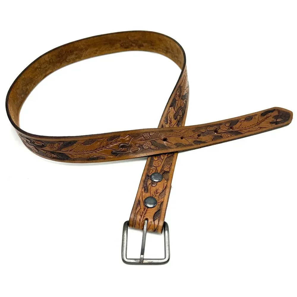 Vintage Brown Leather Western Belt 38 Tooled Leaves Cowboy Cowgirl Boho Hippie